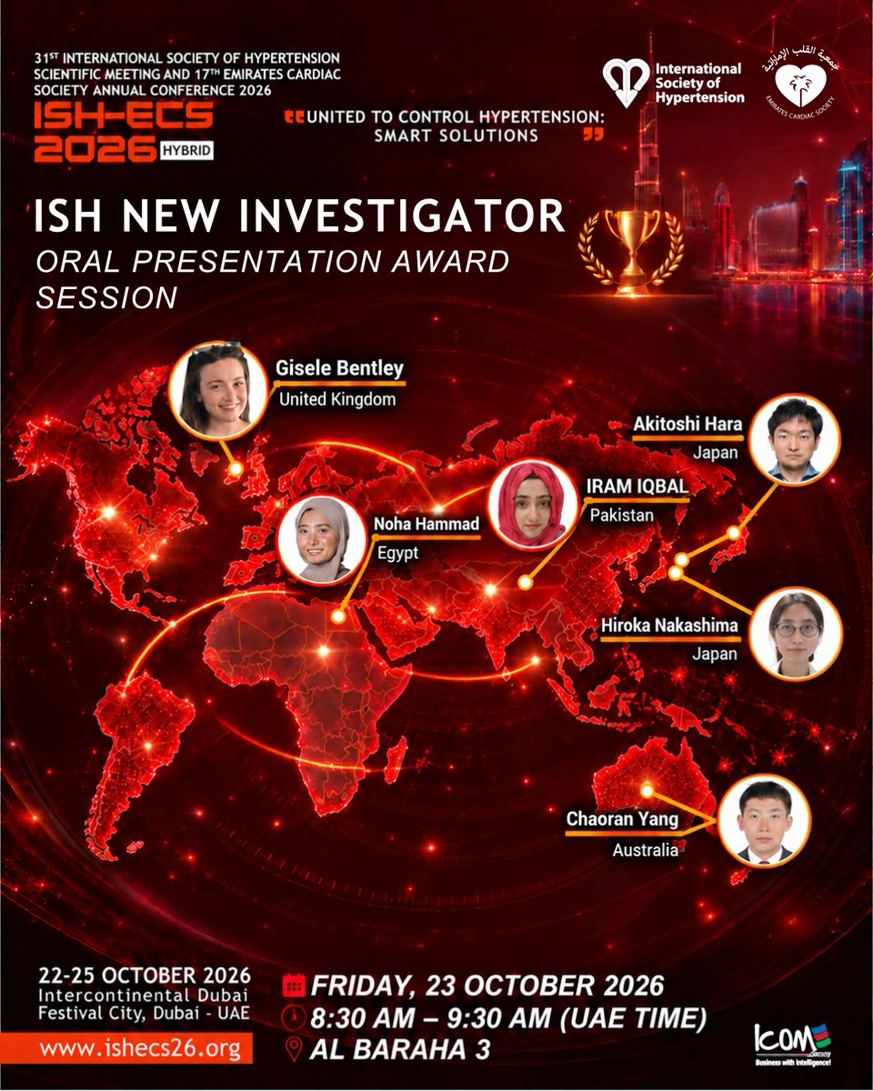 ISHBP's tweet photo. The future of hypertension research takes the stage at ISH-ECS 2026.
Join the ISH New Investigator Oral Presentation Award Session, bringing together promising researchers from around the world.
๐
Friday, 23 October 2026
Explore the Scientific Program: https://t.co/500lF8pi86 https://t.co/uA9g9pmo2t