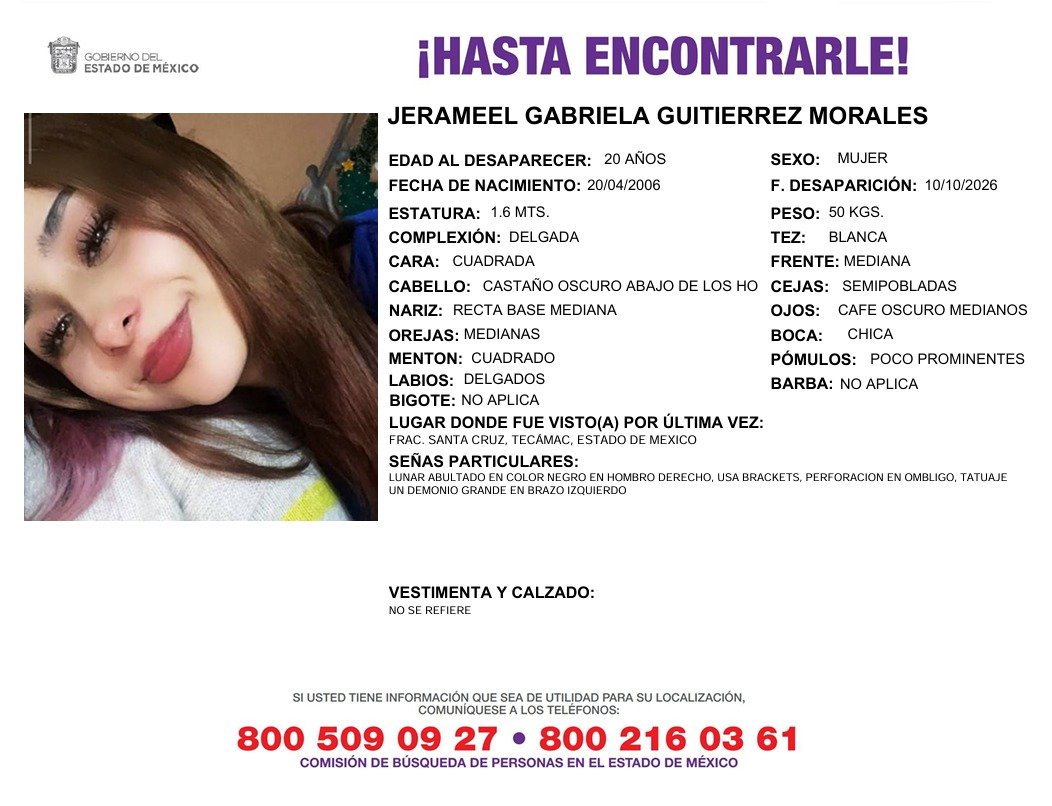 COBUPEM's tweet photo. Solicitamos de tu apoyo en difusión para dar pronta localización a Jerameel Gabriela Gutiérrez Morales, en caso de contar con cualquier información favor de comunicarse a los teléfonos al pie del boletin. #TodosEnLaBúsqueda https://t.co/jDyqpnXQ27