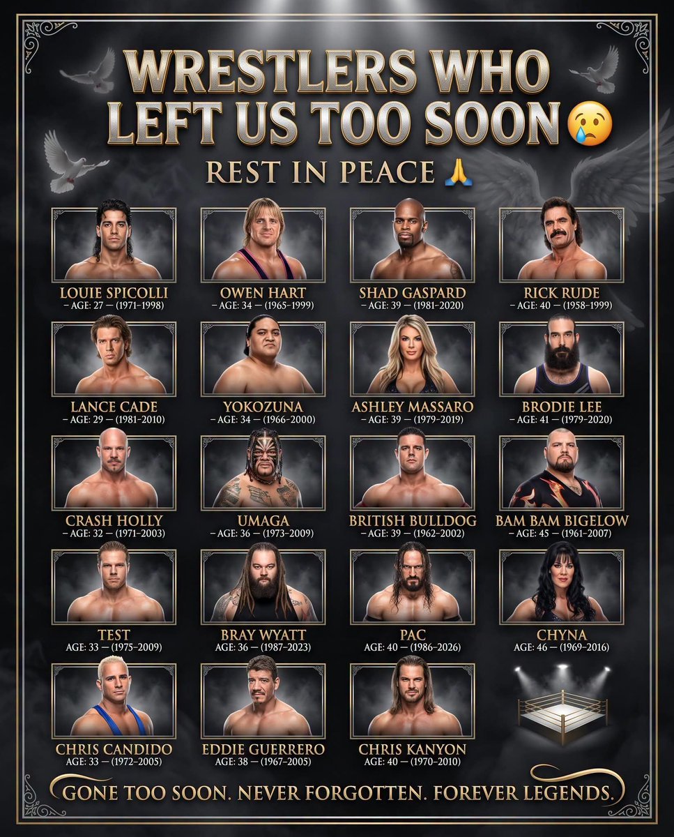 LetsJoin73's tweet photo. Gone Too Soon, But Never Forgotten. 💐 From Unforgettable Matches To Legendary Moments, These Wrestling Icons Will Forever Live In Our Hearts. ❤️ Their Legacies Will Continue To Inspire Fenerations Of Wrestling Fans Around The World.

🕯️ REST IN PEACE, LEGENDS 🕯️

💔 Louie Spicolli
💔 Lance Cade
💔 Crash Holly
💔 Test
💔 Chris Candido
💔 Owen Hart
💔 Yokozuna
💔 Umaga
💔 @Windham6
💔 Eddie Guerrero
💔 Shad Gaspard
💔 Ashley Massaro
💔 British Bulldog
💔 @BASTARDPAC
💔 Chris Kanyon
💔 Rick Rude
💔 Brodie Lee
💔 Bam Bam Bigelow
💔 Chyna

🙏 Forever Remembered, Never Forgotten. Their Contributions To Professional Wrestling Will Live On Forever. 🥀❤️