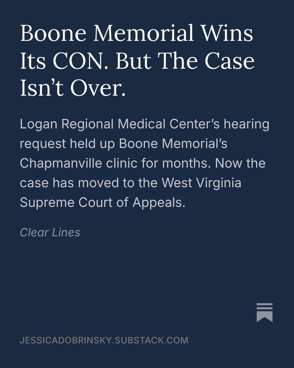 jldobrinsky's tweet photo. The West Virginia Hospital Association says Certificate of Need is “essential in protecting local hospitals from being undermined by for-profit, out-of-state providers.”

In Chapmanville, a hospital owned by out-of-state companies asked for a hearing on a West Virginia independently-owned non-profit’s clinic. The judge found it didn’t qualify to challenge it. The Authority approved the clinic 180 days after Boone Memorial applied.

The case is now before the West Virginia Supreme Court of Appeals.

Who is CON protecting?

Read here → https://t.co/YDvpCXliHJ