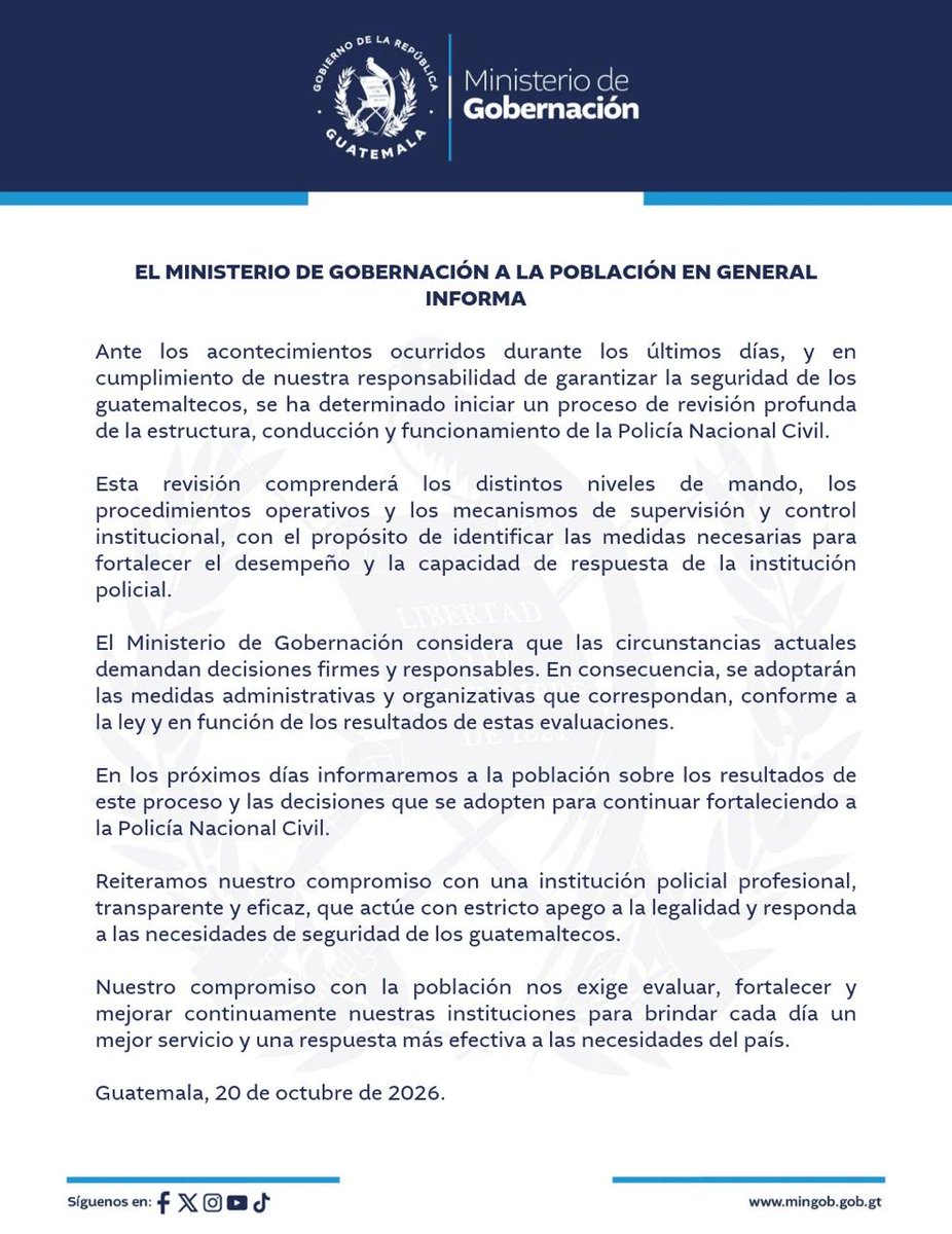 EmisorasUnidas's tweet photo. #AHORA El Ministerio de Gobernación informa que ante los acontecimientos ocurridos durante los últimos días, y a fin de garantizar la seguridad de los guatemaltecos, se ha determinado iniciar un proceso de revisión profunda de la estructura, conducción y funcionamiento de la Policía Nacional Civil. Vía Omar Solís