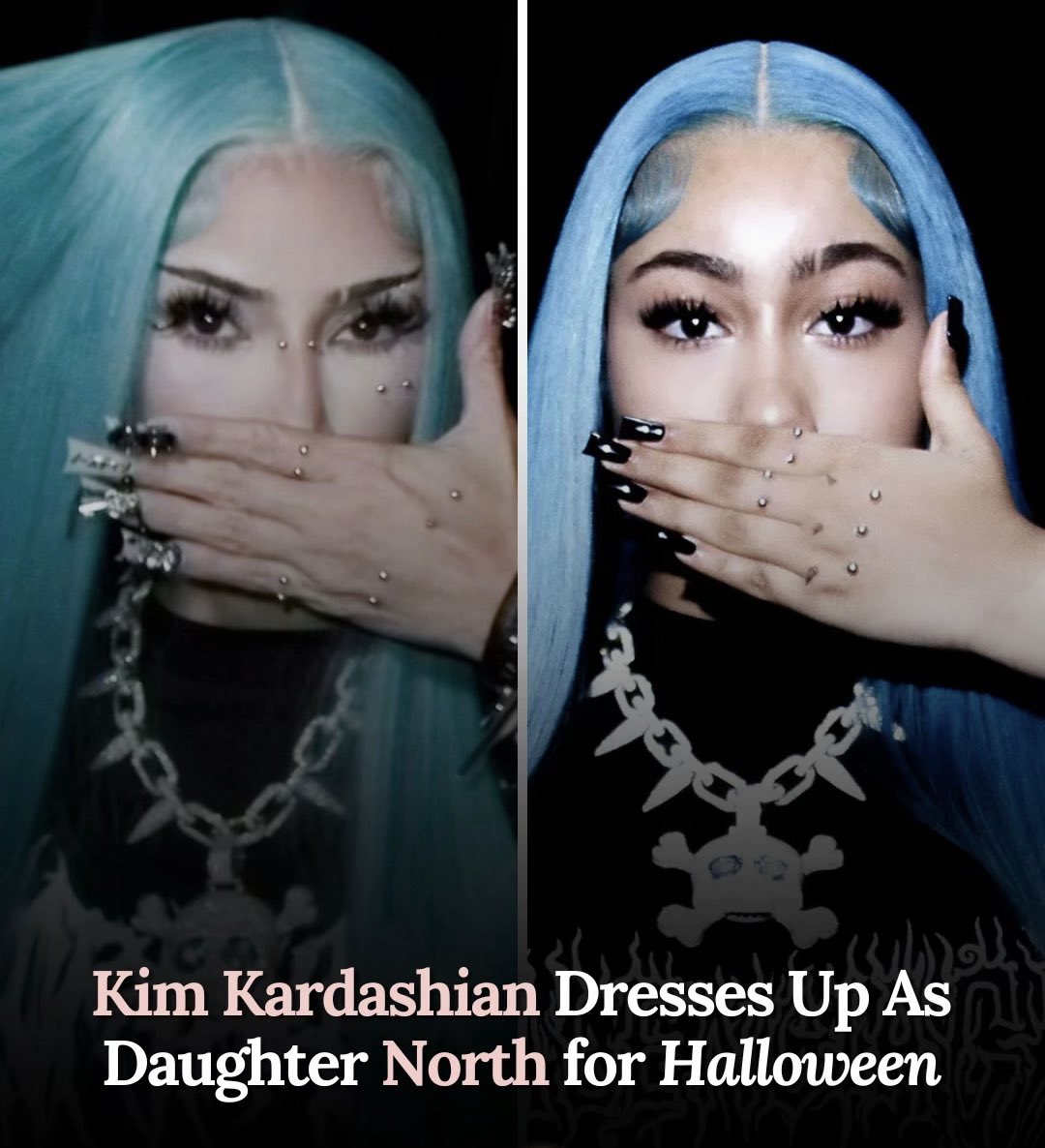TeaOnTheGrid's tweet photo. Kim Kardashian really decided to become her own daughter for Halloween 👻 🎃 Imagine your mom dressing up as YOU. North West is about to have the most unhinged Halloween ever 😎 https://t.co/FFgnEuxLrV