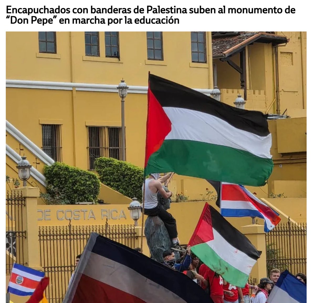 danielsuchar's tweet photo. #CostaRica Todo un clasico de las marchas capitalinas !!!🤦‍♀️🤦🤦‍♂️.. 

La presencia de la Bandera de #Palestina conjuntamente con el #Vandalismo de un monumento patrimonio nacional. 

Que bajeza total y sin palabras !!! .. asi "defienden la #Educacion Universitaria en nuestro pais" https://t.co/d48AjRZdLu