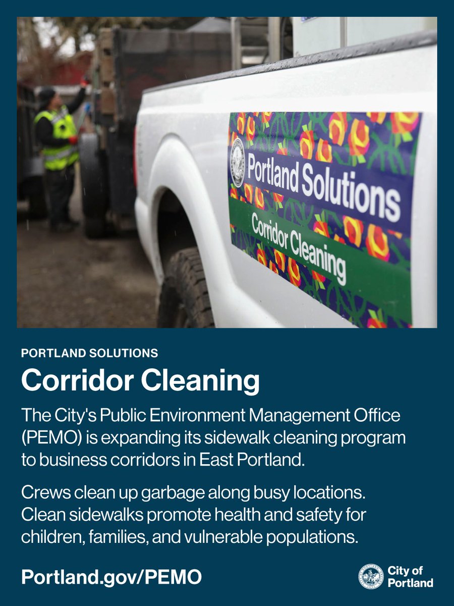 PortlandGov's tweet photo. The Public Environment Management Office (PEMO) expanded its popular basic sidewalk cleaning service to several new, busy locations along major corridors in East Portland on October 5, 2026.

Two local contractors, Cultivate Initiatives and Junk It Junk Removal, were selected to conduct the work through a competitive procurement process. The expansion builds on a program that PEMO launched in October 2025 along major business corridors and shopping districts. Since then, crews have collected more than 522,000 pounds of garbage from Portland sidewalks.

"Half a million pounds of trash from the sidewalk is a lot of trash, and it tells you how much of this work was going undone," says Anne Hill, director of PEMO. "East Portland has been asking for this. Now we have the crews and the contracts to deliver it."

It's easy to overlook sidewalks, but they're a vital part of Portland's transportation network, connecting people to the schools, businesses, and parks they visit every day.

Visit the City’s website to learn more about PEMO’s work.

https://t.co/plPGCWzQKl

#Portland #CleanSidewalks #CleanStreets