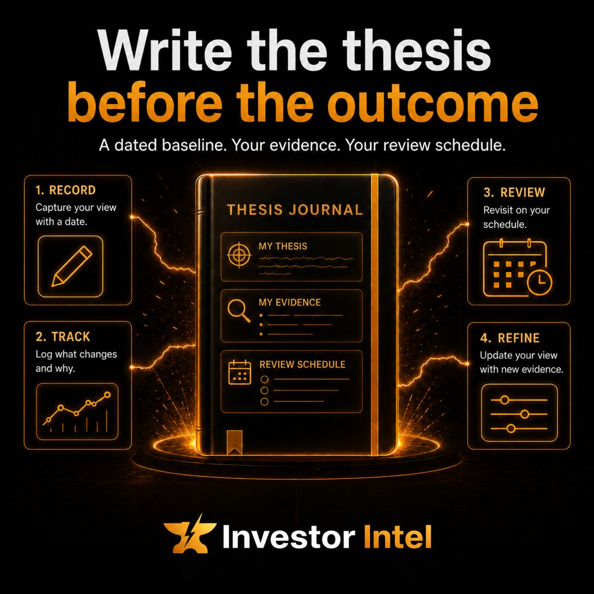 TheContentForge's tweet photo. The token is easy to remember, but the thesis behind it can get lost in the mix.

Thesis Journal gives you a dated baseline: what you believed, which evidence you chose, and the conditions that would change your mind.

⚡️ It tracks what changes.
⚡️ It brings the thesis back for review on your schedule.

A record of the reasoning, not just the asset ⚒️