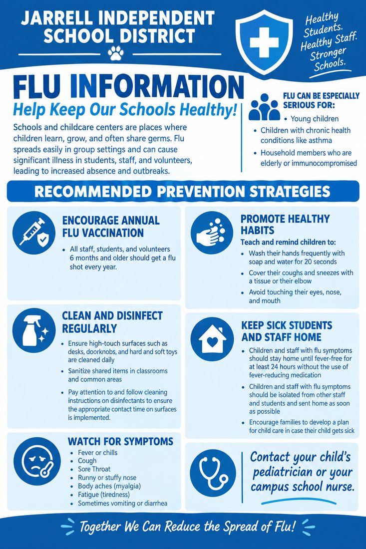 Jarrell_ISD's tweet photo. 💙🐾 Healthy Cougars, Healthy Schools!

Help prevent the spread of flu:
💉 Get vaccinated
🧼 Wash hands often
🤧 Cover coughs &amp; sneezes
🏠 Stay home when sick
🧽 Clean frequently touched surfaces
Together, we can keep our Cougars healthy!
#JarrellISD #OneCommunity https://t.co/MWcB2oFbjO