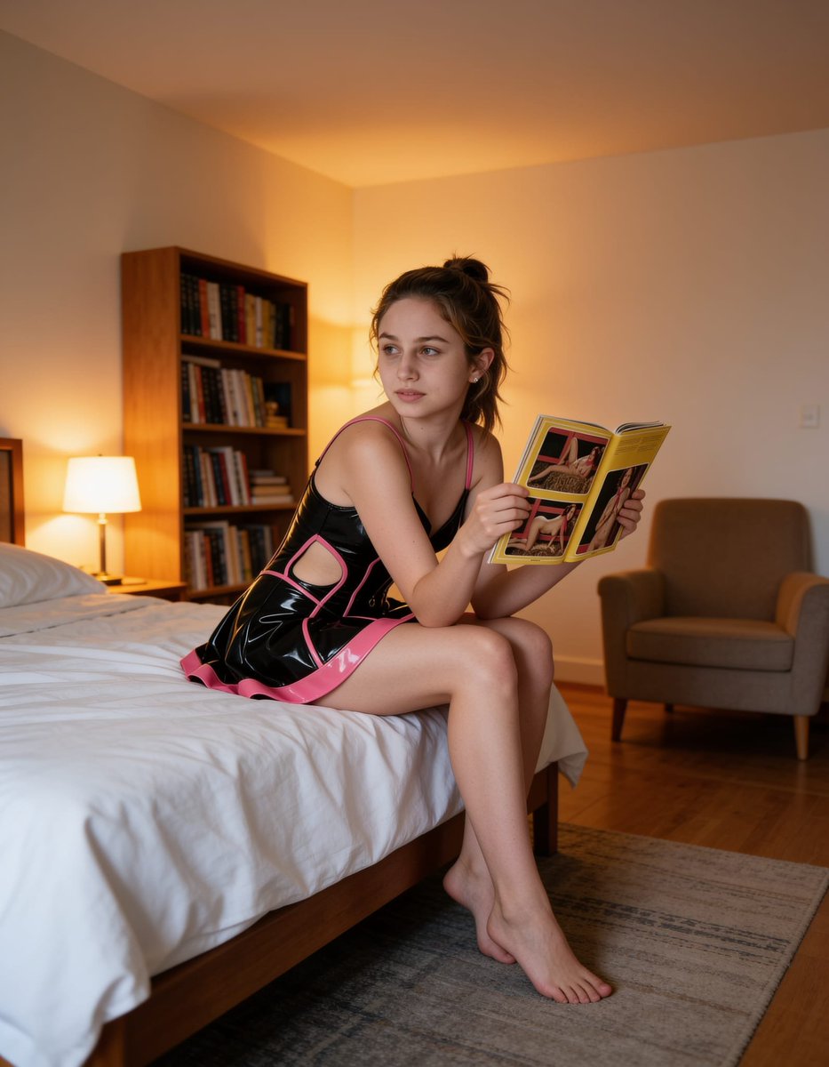 Lizzy1262629's tweet photo. Veronique on the bed. Black and pink PVC dress with cutouts, holding an open magazine, hair up, bookshelf and plant behind her.
#Veronique #BlackPVC #PinkTrim #Cutouts #Magazine #Bed #LivingRoom #FetishFashion #NSFW #Smiling #Sitting #LookingAside #BookshelfBackground https://t.co/2M0ufhIAVT