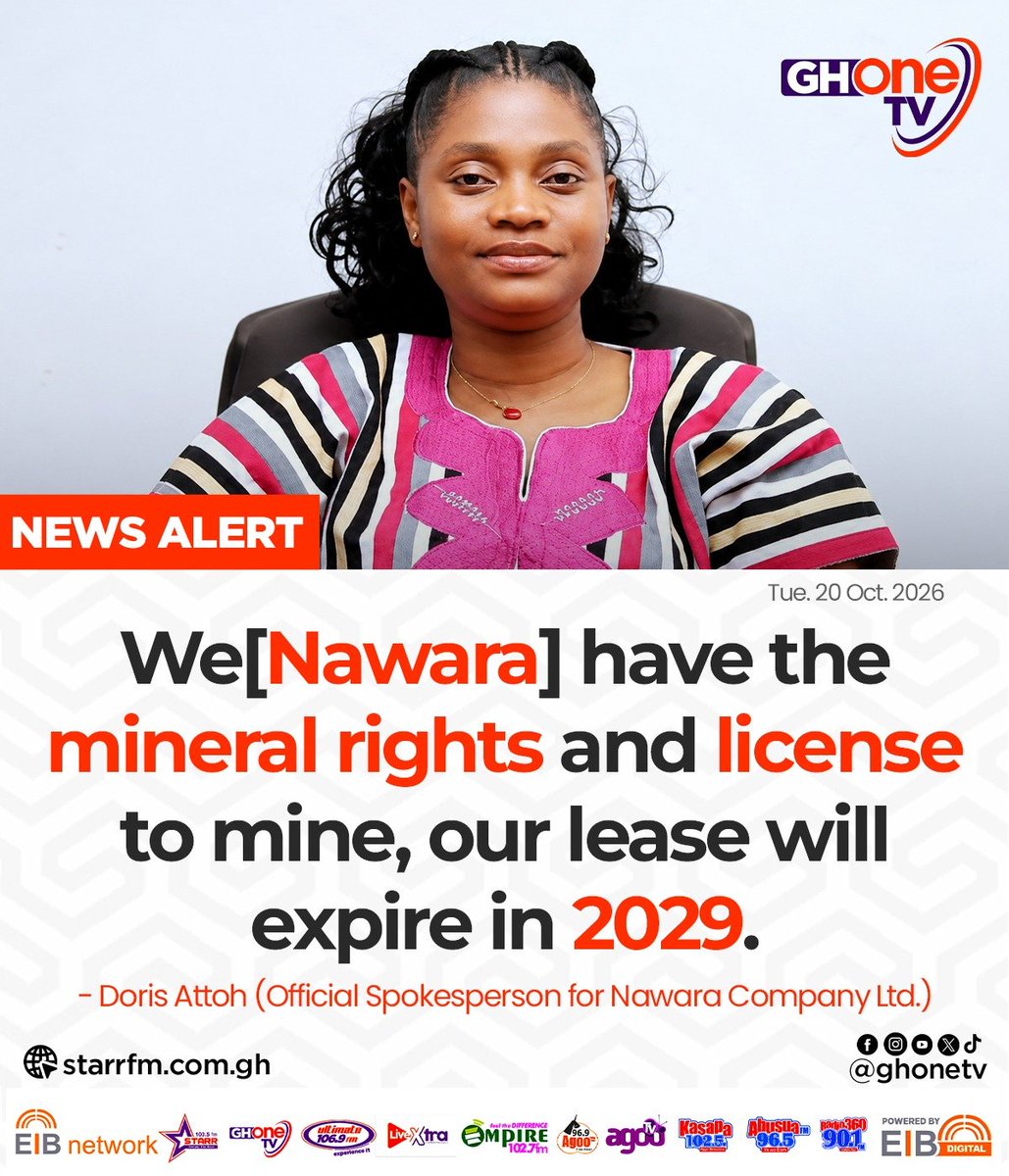 Kasapafm1025's tweet photo. We[Nawara] have the mineral rights and license to mine, our lease will expire in 2029. - Doris Attoh (Official Spokesperson for Nawara Company Ltd.)

#GHOneTV
#KasapaFM #EIBNetwork
#AgooTV #NewsAlert https://t.co/YVFNaewkbm