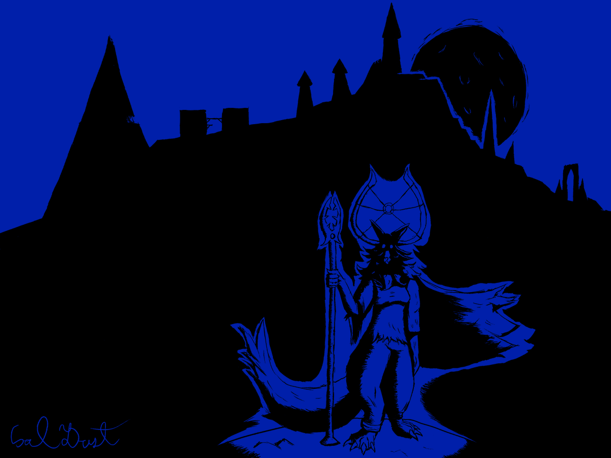 CoalDustArt's tweet photo. This time, the color's blue. I enjoyed working on the ruined city in the background as well as the wolf herself. Probably my favorite one so far in this challenge. https://t.co/Vhs5Gz1nQO