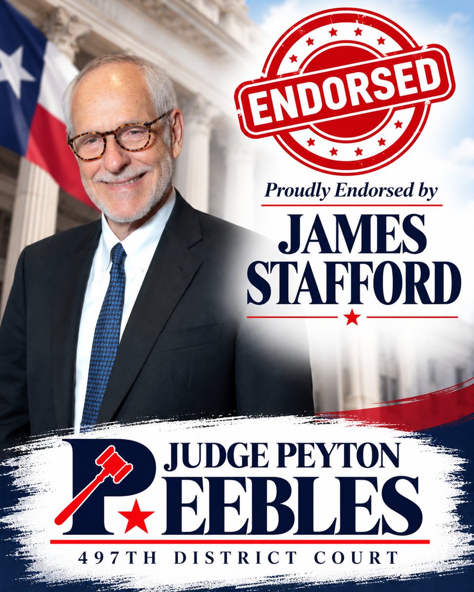 PeeblesFor497's tweet photo. Grateful to earn the endorsement of my good friend, James Stafford, a great Houston trial attorney who has spent decades defending constitutional rights and handling complex criminal cases, understands the stakes, and respects the responsibility of administering justice. https://t.co/xeLj9WaZn6