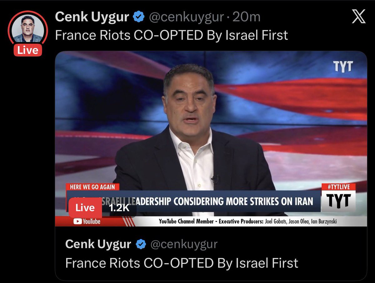freedom4iran_au's tweet photo. France is burning, designer stores looted, Palestinian flags everywhere, @cenkuygur  blames Israel 🤦🏼‍♀️🤦🏼‍♀️

What’s next Cenk? Mossad started the French Revolution too? https://t.co/nWQA0y0S5h