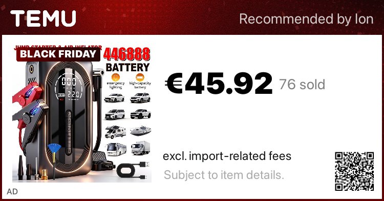 TemuGeekBuy's tweet photo. excl. import-related fees
JKUOO 2026 Heavy-Duty Car Battery Jump Starter, 150PSI #Digital #Tire #Air #Compressor , Multi-Functional Car Emergency Jump Starter Kit, Peak Current 8000A, 12V Jump Cables and Connecting Wires, 3-Mode LED Flashlight with SOS Function - Ideal
👉 item link: https://t.co/SwRMqW2Kzl
⚠️ please refer to the page display.
Ad.