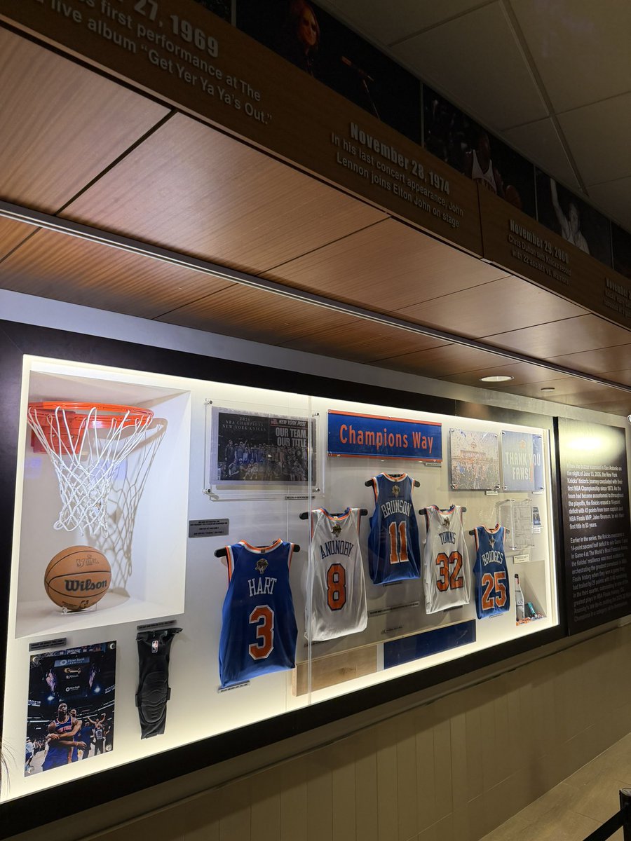 sny_knicks's tweet photo. The Knicks’ championship display outside of section 104 at MSG, featuring the ball OG Anunoby tipped in to win Game 4 https://t.co/gfYqTqDIYw