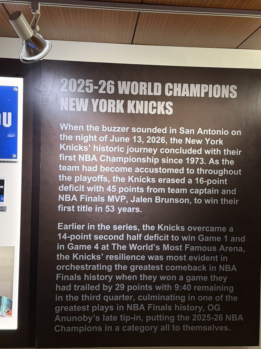sny_knicks's tweet photo. The Knicks’ championship display outside of section 104 at MSG, featuring the ball OG Anunoby tipped in to win Game 4 https://t.co/gfYqTqDIYw