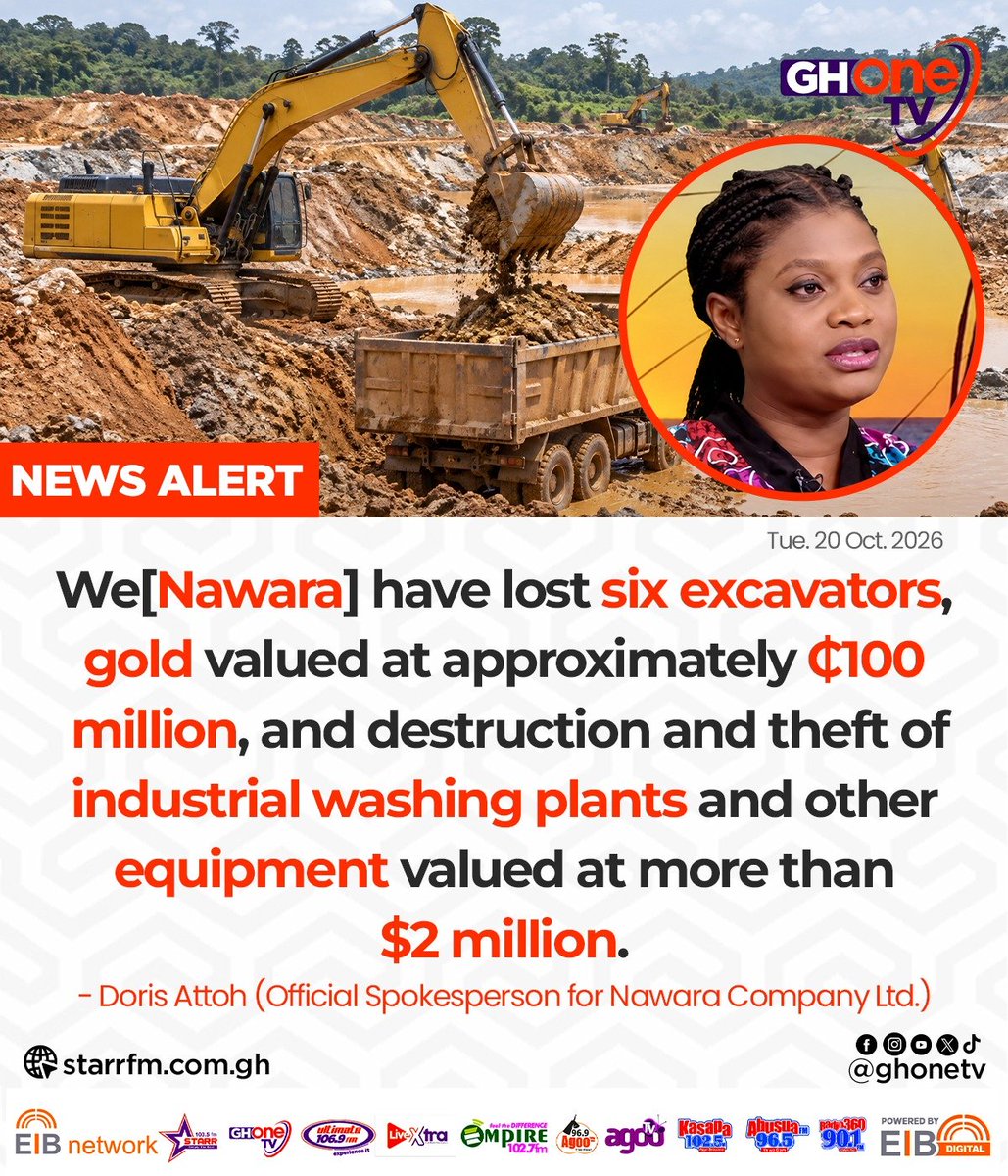 Kasapafm1025's tweet photo. We[Nawara] have lost six excavators, gold valued at approximately ¢100 million, and destruction and theft of industrial washing plants... - Doris Attoh (Official Spokesperson for Nawara Company Ltd.)

#GHOneTV
#KasapaFM #EIBNetwork
#AgooTV https://t.co/KEZGfFPC42