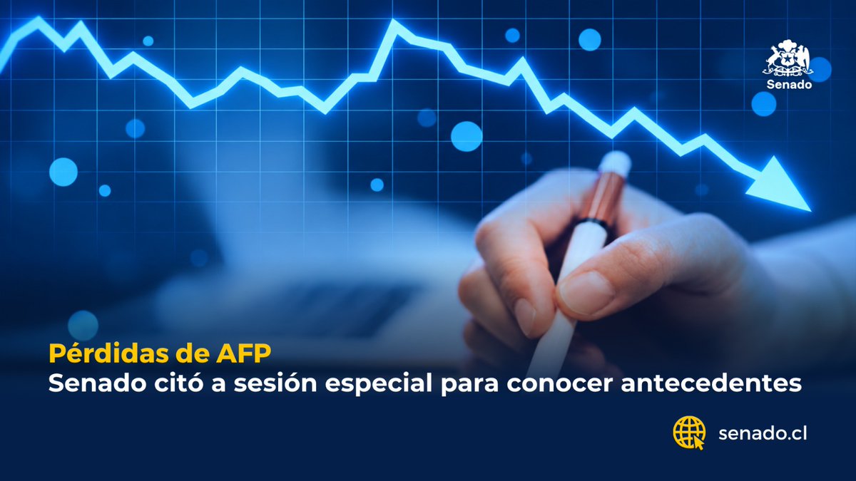 Senado_Chile's tweet photo. 💰📉 Senado cita sesión especial por pérdidas en fondos de pensiones

Por acuerdo unánime de los comités parlamentarios, el Senado realizará una sesión especial el próximo 27 de octubre, a las 15 horas, para analizar los antecedentes relacionados con las pérdidas registradas en los fondos de pensiones, particularmente en los fondos E y D.

🏛️ A la instancia fueron invitados representantes del Gobierno, de la Superintendencia de Pensiones, de la Comisión para el Mercado Financiero (CMF), del Consejo Consultivo Previsional y de la Asociación de AFP, con el objetivo de conocer las causas de estas caídas y las eventuales responsabilidades asociadas.

📊 La sesión se produce en medio de investigaciones iniciadas por la autoridad fiscalizadora respecto del comportamiento de las administradoras y las pérdidas de valor registradas en los fondos más conservadores.

📲 Más detalles en https://t.co/NoKV9p3Njs

#Pensiones