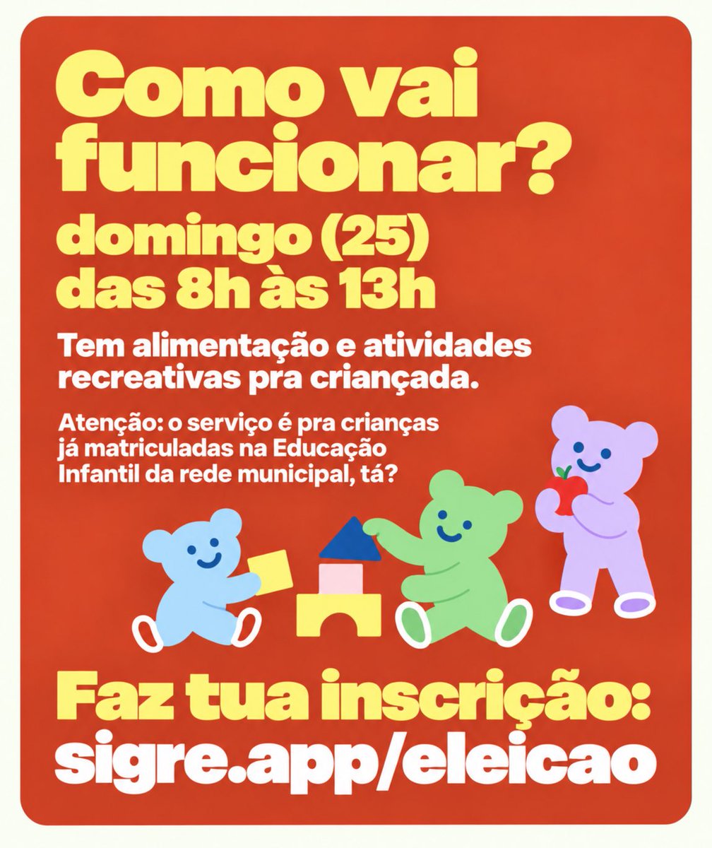 prefrecife's tweet photo. Vai votar no domingo e precisa de uma força com a turminha? A Prefs vai abrir 136 unidades de Educação Infantil pra acolher a criançada durante a votação. 👶🏽👧🏻

As creches vão funcionar pela manhã, com alimentação e atividades recreativas, e contar com quase mil https://t.co/dUHaigBKWN