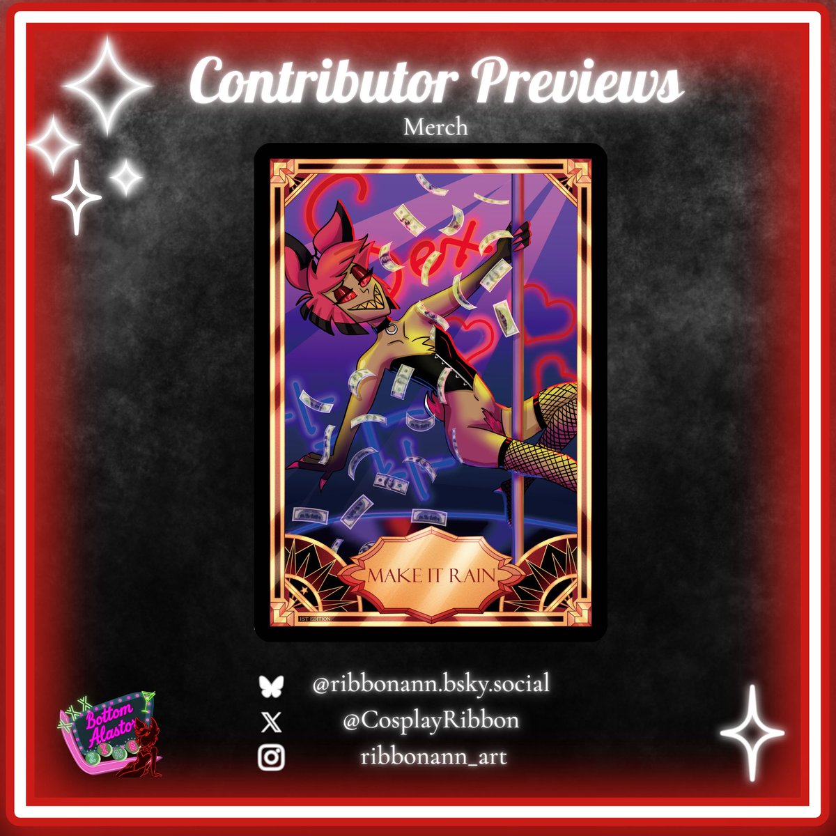 BottomAlServer's tweet photo. 🦌 CONTRIBUTOR PREVIEW 🦌 

Time to check out another merch close up! This trading card was drawn by @CosplayRibbon! Would you throw money at this beautiful deer? We know we would! 💸 

#zine #alastor #hazbinhotel #bottomalastor #hazbinhotelzine https://t.co/hg1vMF6IN7