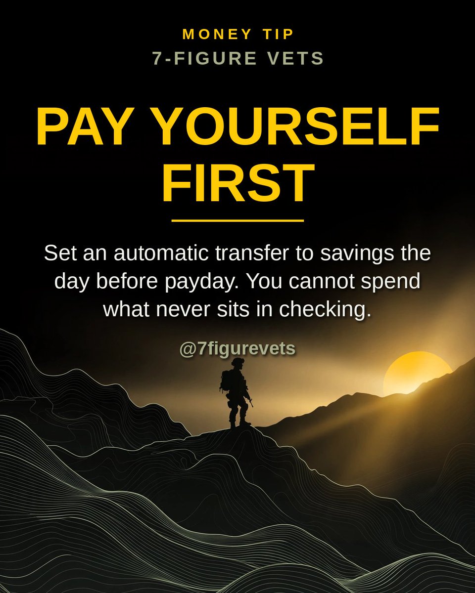 7figurevets's tweet photo. Payday discipline: move the money before you can touch it. Automate one transfer today and let the system do the work. #Veterans #VeteranMoney #MoneyTips #7FigureVets #PersonalFinance https://t.co/Ylpm2LMIGA