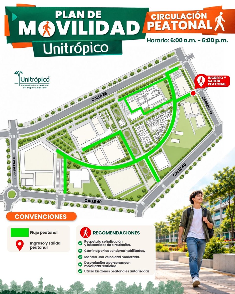 Unitropico's tweet photo. ¡Peatón unitropista! 🚶‍♂️✨ 

Tu seguridad es nuestra prioridad. Conoce el Plan de Movilidad de Unitrópico en nuestra jornada de 6:00 a.m. a 6:00 p.m., cruza por los lugares habilitados y transita con precaución por el campus y sus alrededores. 🚦 💚 https://t.co/BnVclmpxbr