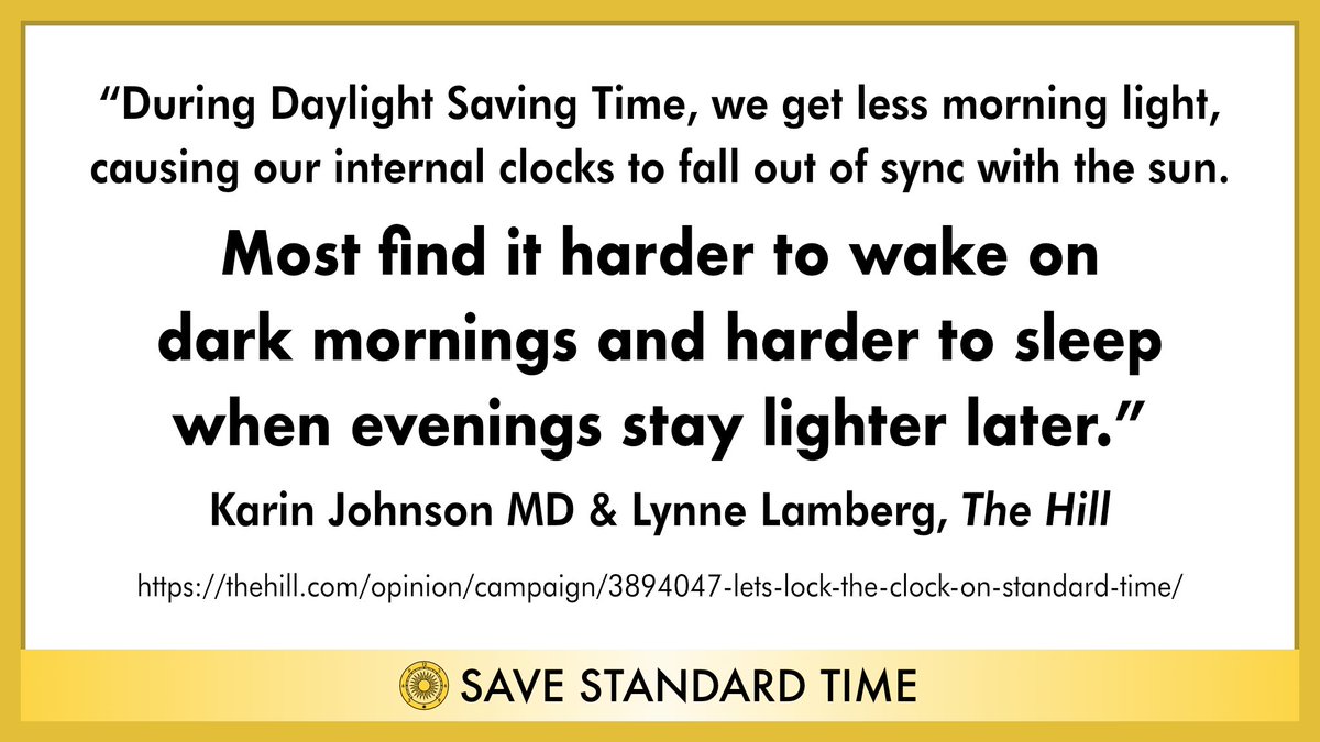 SaveStandard's tweet photo. @MaxVelocityWX And it’s natural! If we kept DST, winter sunrises would be at 8:30am or later. Dark mornings are dangerous for health and well-being. https://t.co/mArNNlNsX4