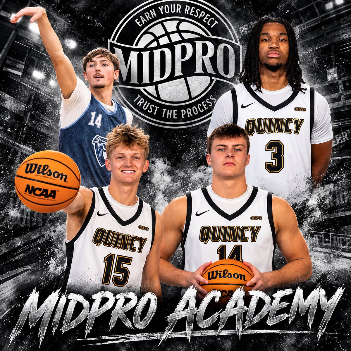 MidProAcademy's tweet photo. S/O to our 19 Division 2 Men’s Basketball Players this season. #MidProFam #TrustTheProcess #EarnYourRespect #CreateYourStory 

Pic 1 
6’2 Bristol Lewis - Northern Michigan
6’2 Drew Lewis - Rodgers State
6’8 Jake Wallingford - Quincy
6’3 Isaiah Davis - IL Springfield 
6’6 Zack Hawkinson - North Georgia 

Pic 2
6’7 Ryan Watters - Winona State
6’6 Niko Newsome - Saginaw Valley
6’2 Tyler Mason - Winona State
6’6 Trey Taylor - Emporia State
6’8 Preston Brewer - Quincy

Pic 3 
6’10 Jonah Funk - Upper Iowa
5’11 Herb Martin - Quincy
6’6 Tyler Thompson - Quincy
6’4 Jace Allensworth - Quincy 

Pic 4 
6’3 Keison Peoples - Winona State
6’3 Bryson Mossman - Quincy
6’2 Alex Johnson - Maryville
6’9 Ayden Jensen - Emporia State
6’5 Sean Lee - McKendree