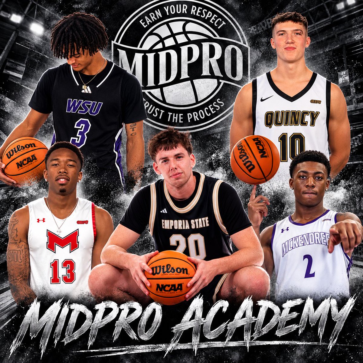MidProAcademy's tweet photo. S/O to our 19 Division 2 Men’s Basketball Players this season. #MidProFam #TrustTheProcess #EarnYourRespect #CreateYourStory 

Pic 1 
6’2 Bristol Lewis - Northern Michigan
6’2 Drew Lewis - Rodgers State
6’8 Jake Wallingford - Quincy
6’3 Isaiah Davis - IL Springfield 
6’6 Zack Hawkinson - North Georgia 

Pic 2
6’7 Ryan Watters - Winona State
6’6 Niko Newsome - Saginaw Valley
6’2 Tyler Mason - Winona State
6’6 Trey Taylor - Emporia State
6’8 Preston Brewer - Quincy

Pic 3 
6’10 Jonah Funk - Upper Iowa
5’11 Herb Martin - Quincy
6’6 Tyler Thompson - Quincy
6’4 Jace Allensworth - Quincy 

Pic 4 
6’3 Keison Peoples - Winona State
6’3 Bryson Mossman - Quincy
6’2 Alex Johnson - Maryville
6’9 Ayden Jensen - Emporia State
6’5 Sean Lee - McKendree