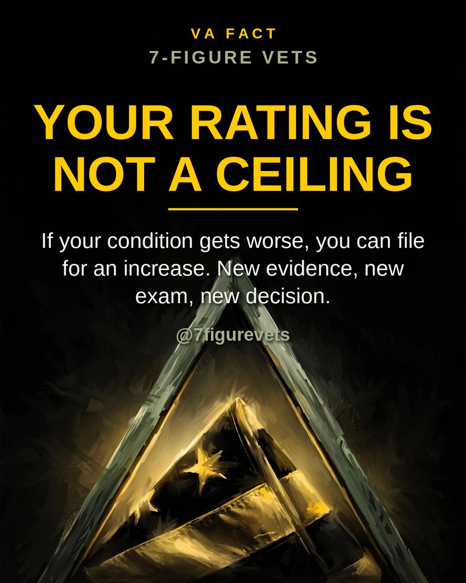 7figurevets's tweet photo. A VA rating is a snapshot, not a life sentence. If the condition worsens, the claim can move too. #VADisability #Veterans #VAClaims #7FigureVets #VeteranBenefits https://t.co/X82jKvwwJv