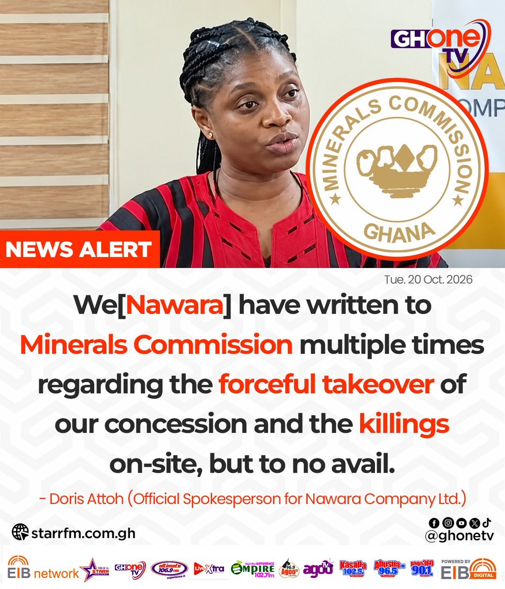 Kasapafm1025's tweet photo. We[Nawara] have written to Minerals Commission multiple times regarding the forceful takeover of our concession and the killings on-site, but to no avail... - Doris Attoh (Official Spokesperson for Nawara Company Ltd.)

#GHOneTV 
#KasapaFM #EIBNetwork
#AgooTV https://t.co/oDCec2OEmn