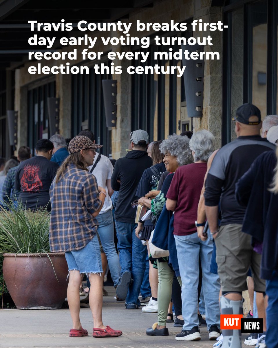 KUT's tweet photo. Nearly 41,000 people in Travis County cast a ballot on the first day of early voting for the Nov. 3 election, surpassing every first-day voter turnout record for a midterm election this century, according to data from the Texas secretary of state’s office. https://t.co/D5rw5nUqH5 https://t.co/zFSEeuLkbH