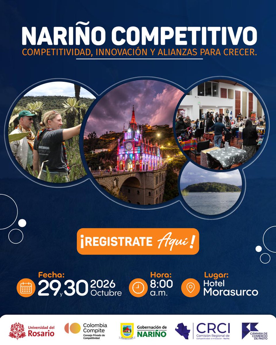 ColombiaCompite's tweet photo. ¿Listos para llevar a Nariño al siguiente nivel? 

🚀Desde Colombia Compite nos emociona muchísimo invitarlos a "Nariño Competitivo: Competitividad, innovación y alianzas para crecer", un espacio dinámico para potenciar juntos el futuro de la región. 

Serán dos días clave donde sumaremos fuerzas con la @URosario, la @gobnarino, la CRCI y la @camarapasto   para detonar nuevas oportunidades y estrategias de desarrollo. La cita es este 29 y 30 de octubre desde las 8:00 a.m. en las instalaciones del Hotel Morasurco. 

¡No te quedes por fuera de esta gran conversación y asegura tu cupo ahora mismo registrándote aquí! 
👉 https://t.co/IKRPahLAIN