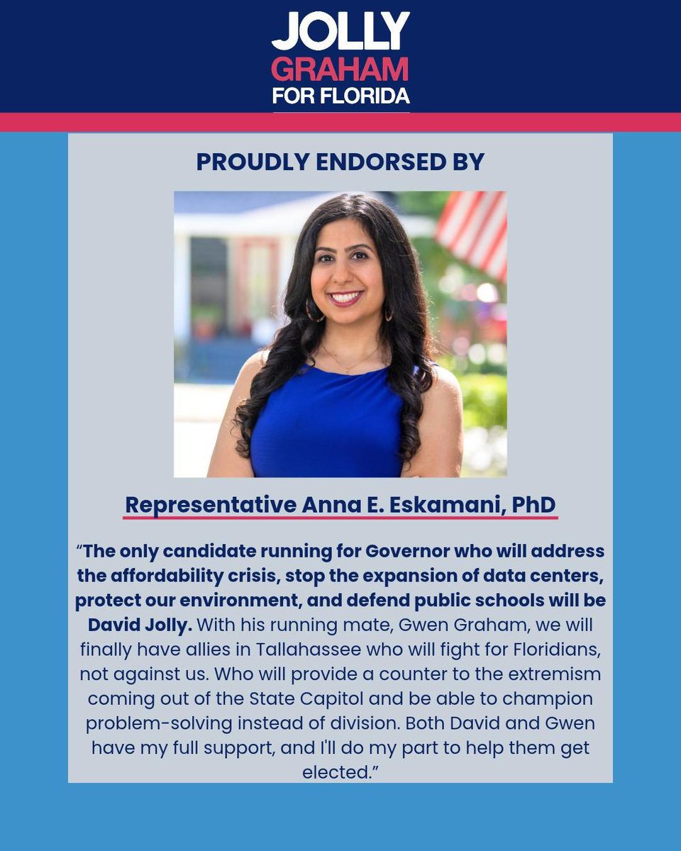 davidjollyfl's tweet photo. Gwen and I are honored to have the endorsement of Representative Anna Eskamani. 
Rep. Eskamani’s a true fighter for Floridians, and we're proud to have her as part of our movement. https://t.co/3QCJhCKKpN