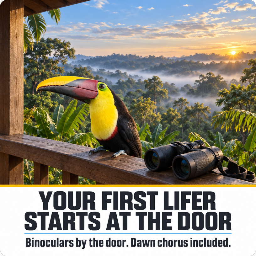 Escape2Tropics's tweet photo. Your first lifer doesn't need a 4am drive. Binoculars by the door, dawn chorus included - Chosa Manglar sits walkable in Puerto Jimenez, so the birds come to you. Pura Vida on the Osa Peninsula. https://t.co/7vxMzAClOZ