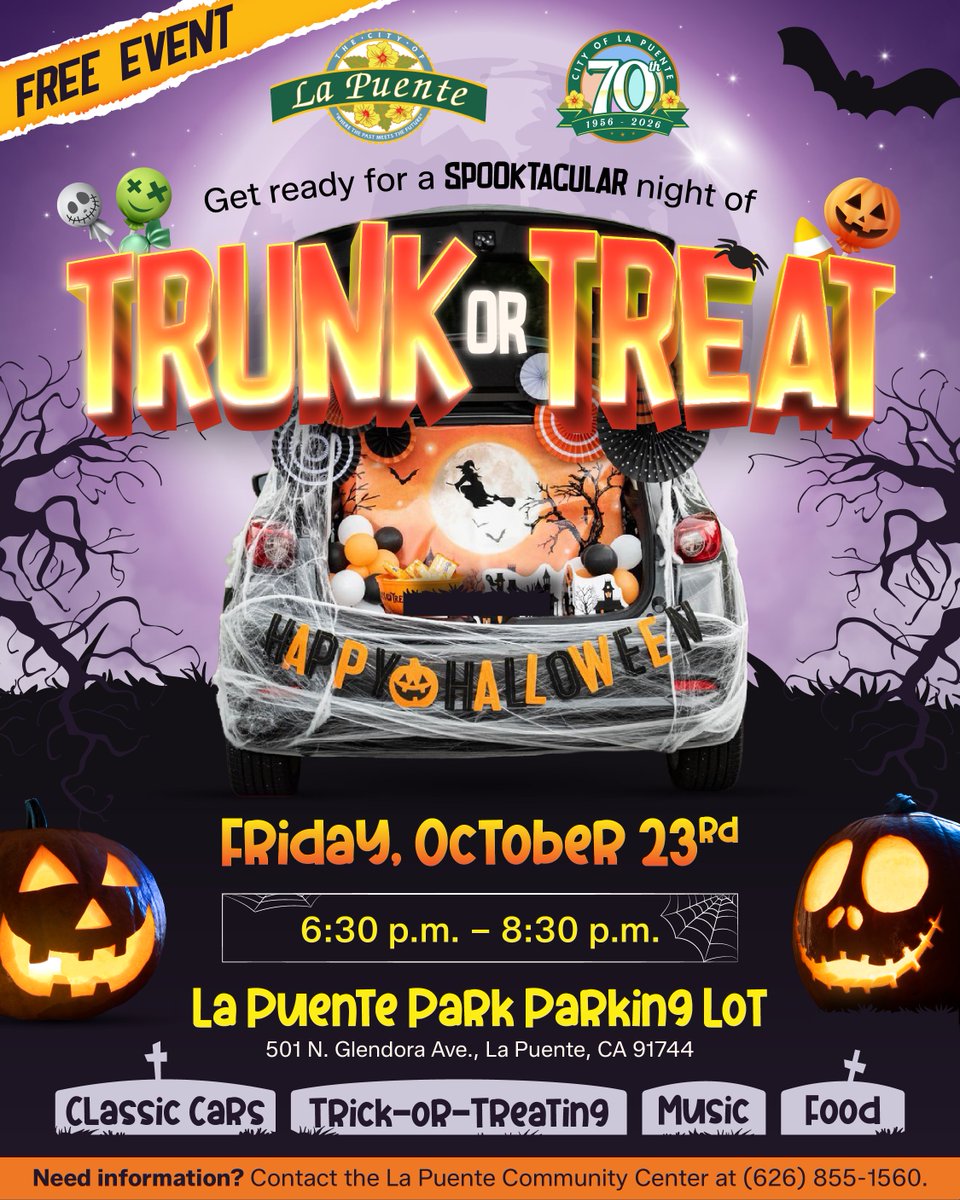 CityofLaPuente's tweet photo. ๐๐ Trunk or Treat is THIS Friday!
Enjoy classic cars, trick-or-treating, music, food & Halloween fun! ๐ฌ๐ป
๐
Oct. 23 | 6:30โ8:30 PM
๐ La Puente Park
๐ (626) 855-1560
#LaPuente #TrunkOrTreat #HalloweenFun https://t.co/0X0w4PqjMr