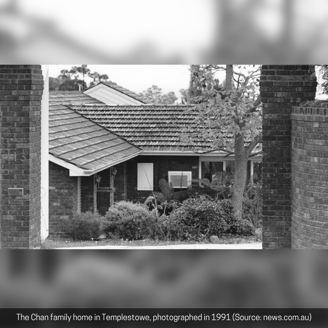 case_file's tweet photo. 5. Artist’s rendition of Mr Cruel 
6. The Chan family’s car after it was spray-painted. Police believed the messages were intended to mislead investigators 
7. The Chan family home in Templestowe, photographed in 1991
8. One of the drawings of Mr Cruel made by the Chan sisters following Karmein Chan’s abduction