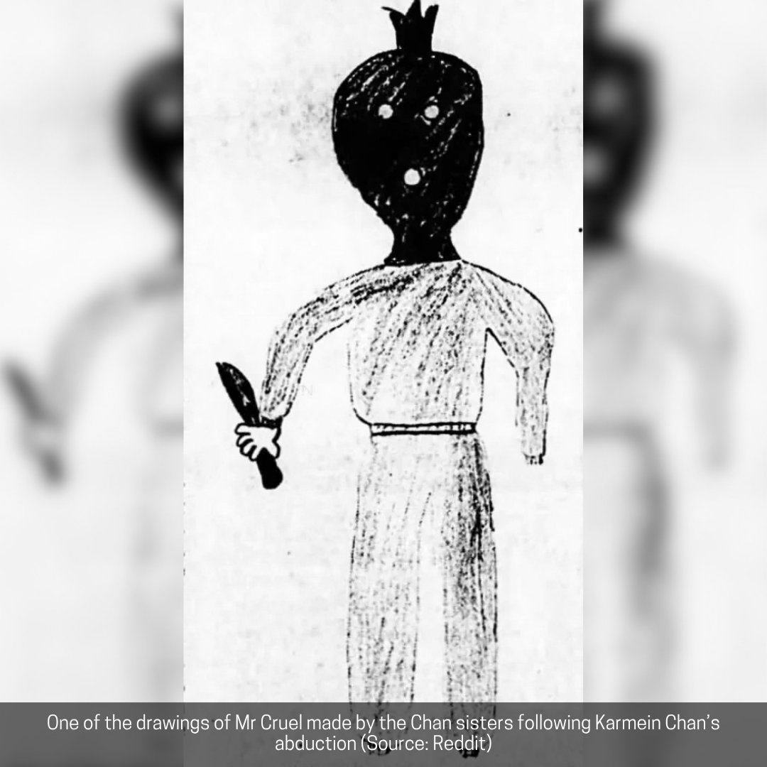 case_file's tweet photo. 5. Artist’s rendition of Mr Cruel 
6. The Chan family’s car after it was spray-painted. Police believed the messages were intended to mislead investigators 
7. The Chan family home in Templestowe, photographed in 1991
8. One of the drawings of Mr Cruel made by the Chan sisters following Karmein Chan’s abduction