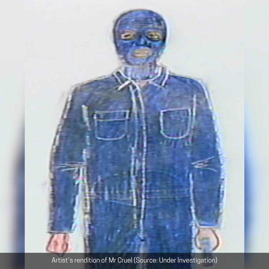 case_file's tweet photo. 5. Artist’s rendition of Mr Cruel 
6. The Chan family’s car after it was spray-painted. Police believed the messages were intended to mislead investigators 
7. The Chan family home in Templestowe, photographed in 1991
8. One of the drawings of Mr Cruel made by the Chan sisters following Karmein Chan’s abduction