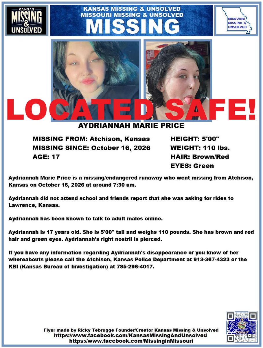 KansasMissing's tweet photo. AYDRIANNAH HAS BEEN #LOCATED SAFE!!! THANK YOU TO ALL WHO SHARED HER FLYER!!!

#KansasMissing
#KansasMissingPerson 
#MissingInKS
#MissingInKansas
#MissingKansan
#Atchison
#Kansas 
@AnnetteLawless https://t.co/5snrHcw6oe