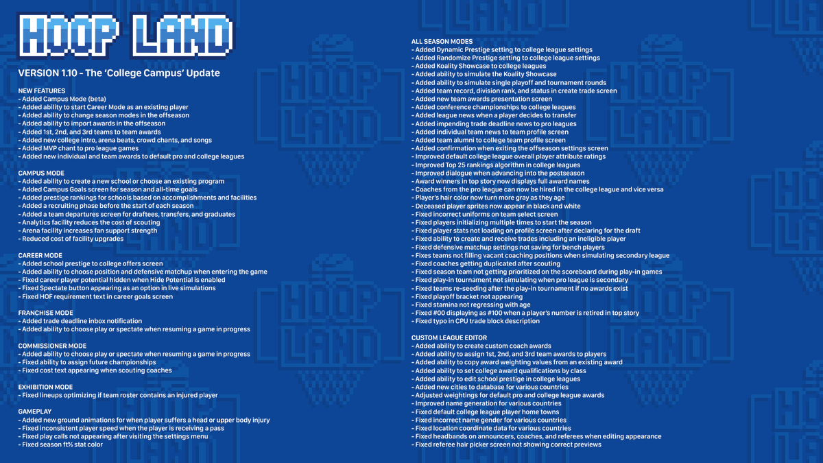 KoalityGame's tweet photo. Hoop Land Update Version 1.10 is available now on Android, iOS, and Steam Edition! This update adds a new Campus Mode allowing you to recruit prospects, complete campus goals and much more! Check out the full patch notes below and thanks for playing! #gamedev #indiegame #indiedev https://t.co/QcYMX2uPnM