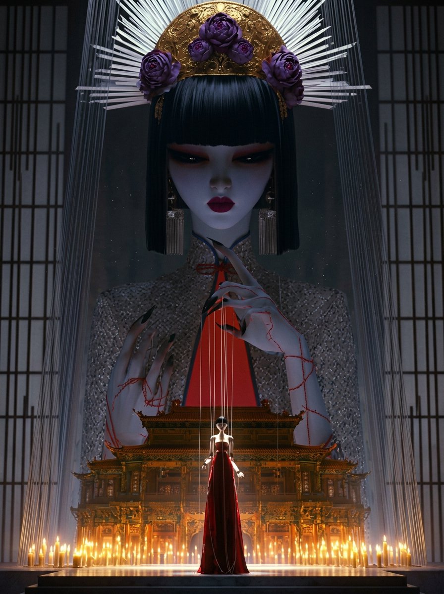 makisdiva's tweet photo. Bound by golden light and blood-red strings, a silent performance begins. https://t.co/5zOaEIFQOl