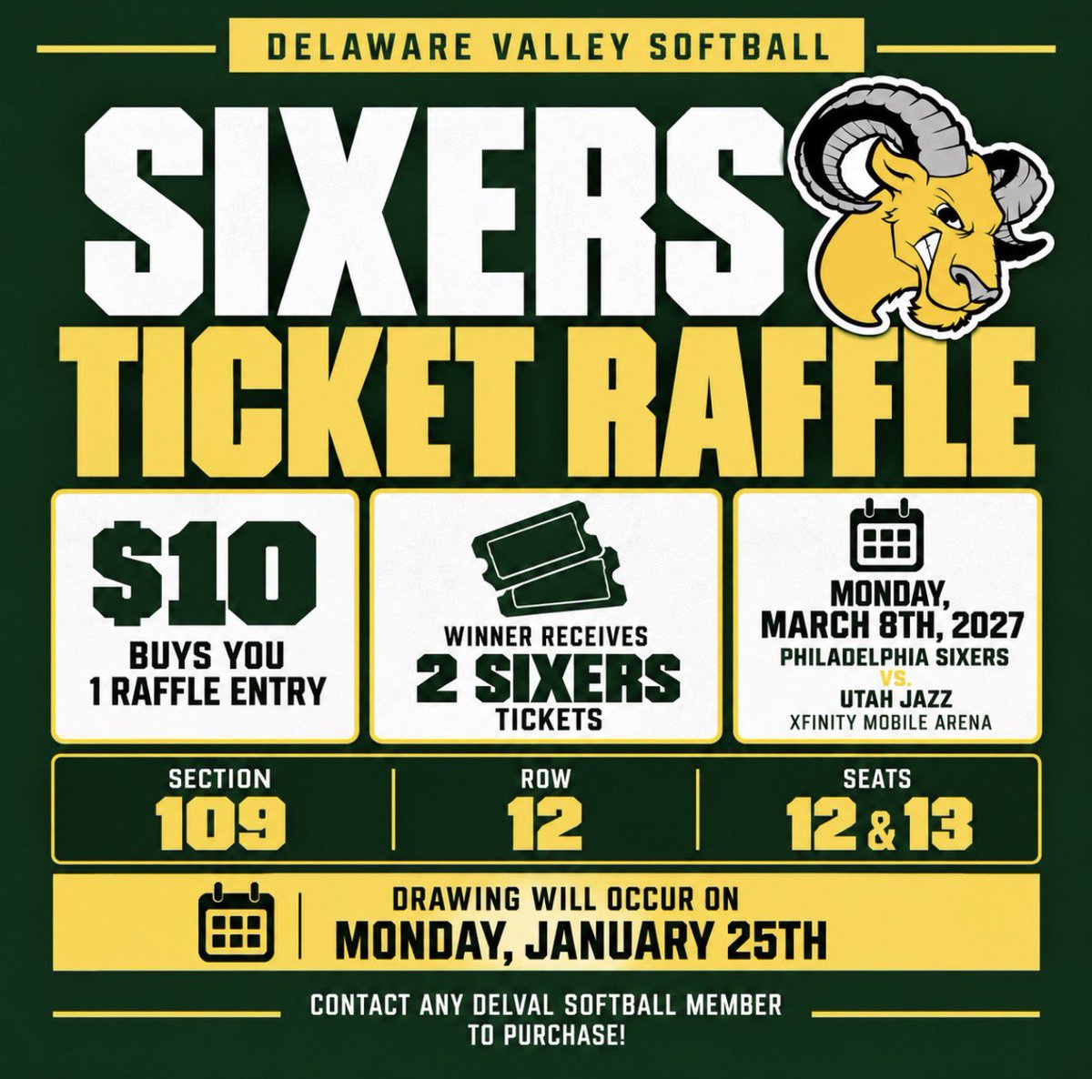 DelValSB's tweet photo. 🏀 𝐒𝐈𝐗𝐄𝐑𝐒 𝐓𝐈𝐂𝐊𝐄𝐓 𝐑𝐀𝐅𝐅𝐋𝐄 🏀

Want to see the Philadelphia 76ers take on the Utah Jazz?! 

DelVal Softball is raffling off 2 Sixers tickets for the game on Monday, March 8, 2027

📣 Contact any DelVal softball player to purchase your raffle tickets https://t.co/TtGGb85q7o