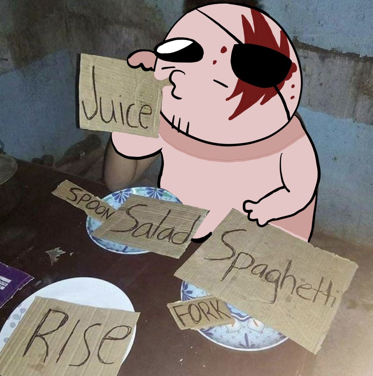 LordBingelz's tweet photo. How i imagine T. Cain eats food since he has to make them from bs pickups: https://t.co/m5drKUENsy