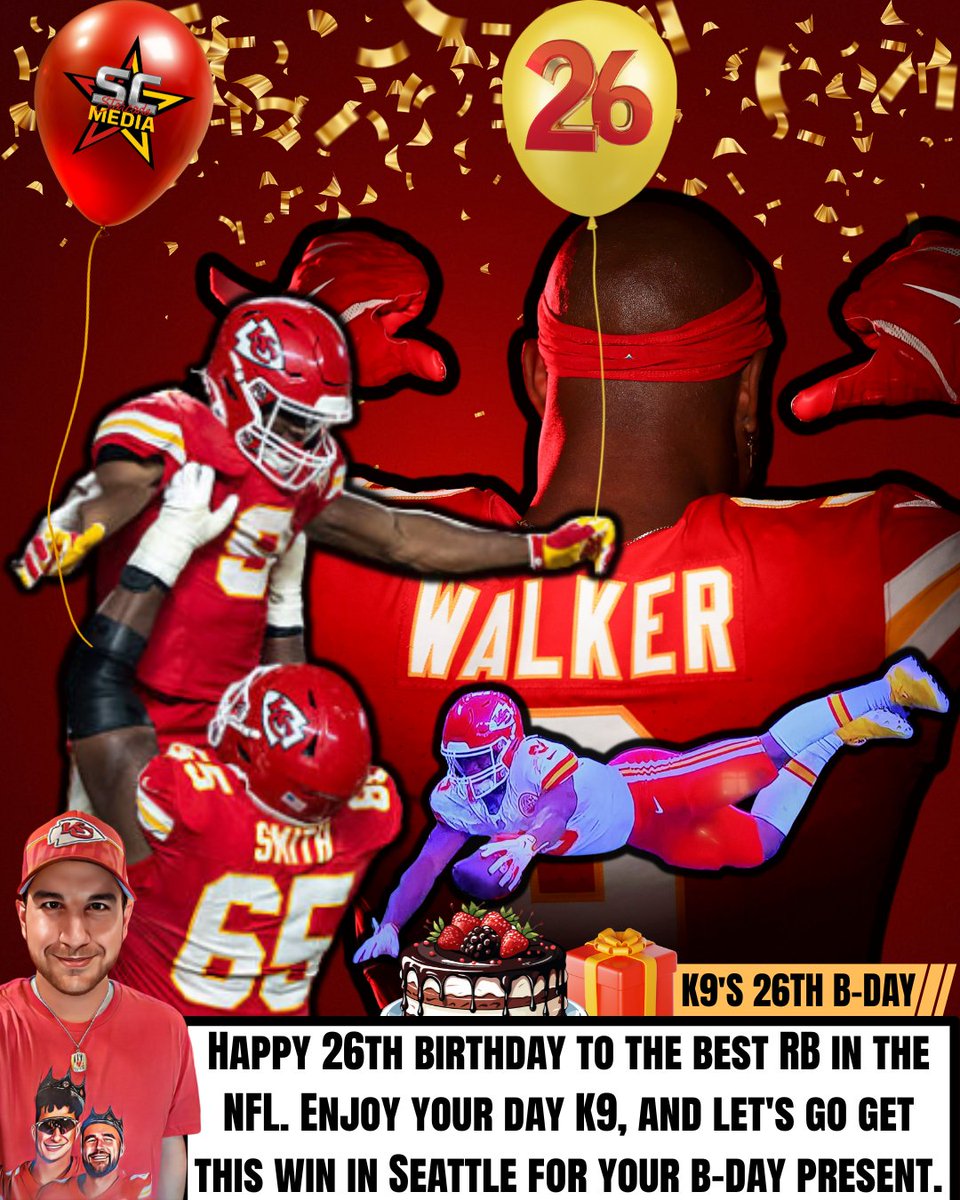 StarcadeMediaKC's tweet photo. K9 is 26 & plays the #Seahawks on Sunday Night Football, so we need to get this win for his birthday present! I hope he has the best day surrounded by family & friends, and then the #Chiefs can go get to 6-0. Kenneth is leading the NFL in rushing in 1 less game than the others, so let's keep him rolling & have him run all over the team that let him walk away!