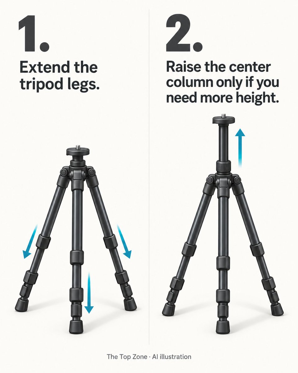 TheTopZoneBlog's tweet photo. Tripod setup: extend the legs first; raise the center column if you need more height. AI illustration. Source: Manfrotto https://t.co/cRbVzh2XQX