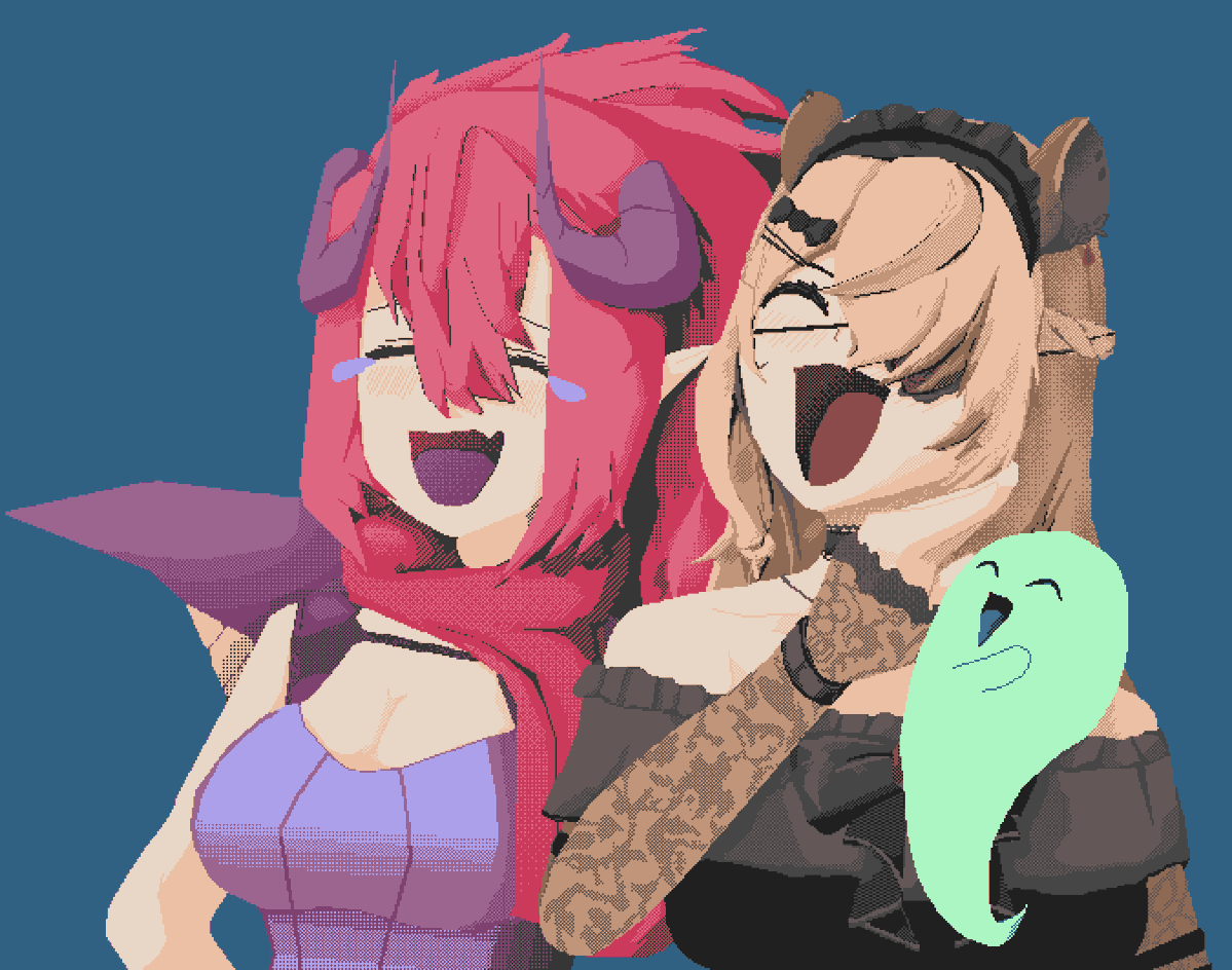 bradnthings's tweet photo. did I purposefully do a nimi and grape birthday 8 bit pixel art so I could make a tapiryu laughing women reaction image? I did do that thing I'm guilty your honor thats me lock it up https://t.co/DiSE7k7dQ1