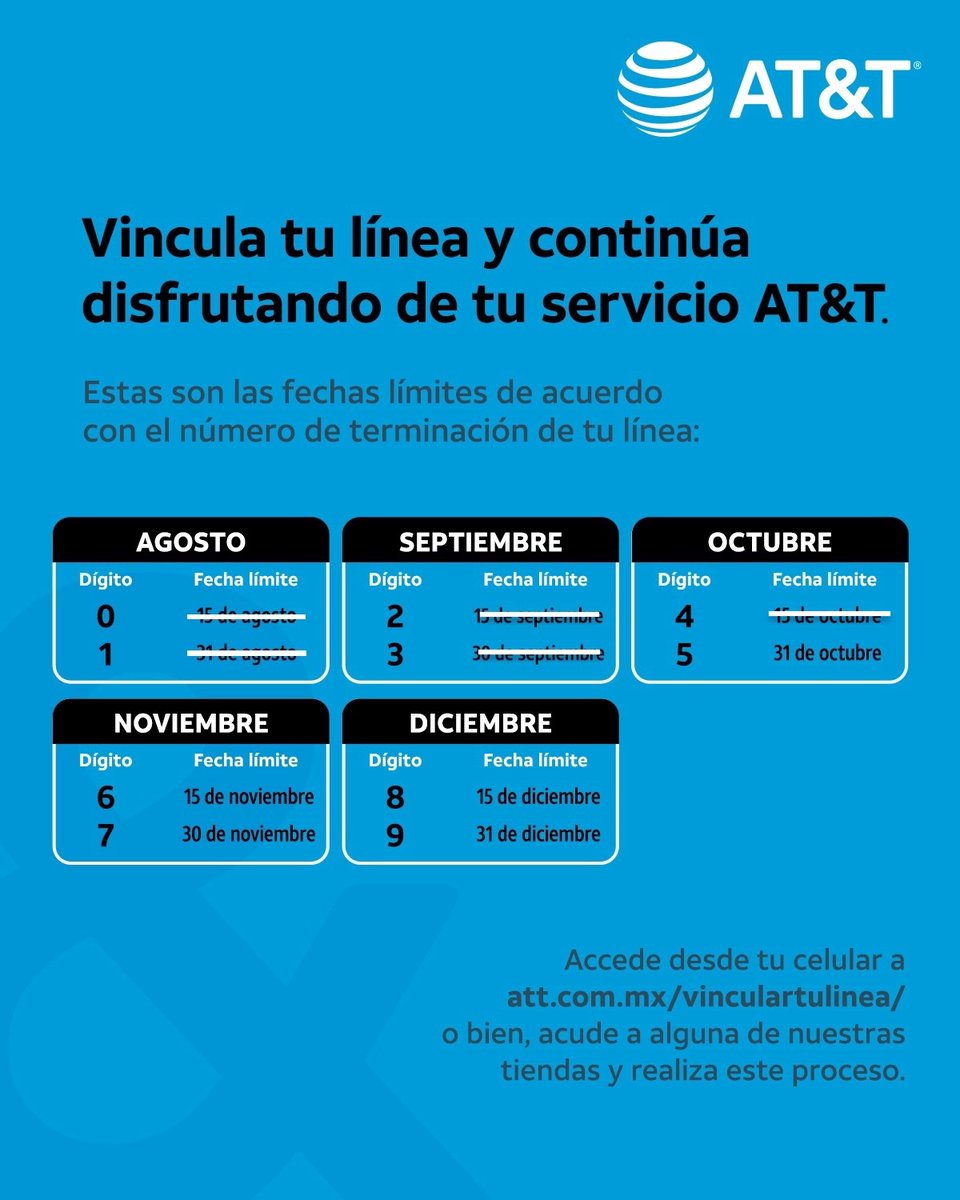 ATTMx's tweet photo. Octubre está por terminar y el segundo periodo de vinculación está activo. Si tu número telefónico termina en 5 tienes hasta el 31 de octubre para hacer este trámite oficial.

Es muy importante que primero verifiques si la línea ya está vinculada, de no ser así, debes iniciar el proceso.
Consulta toda la información y vincula tu línea de forma rápida aquí: https://t.co/SmVDiX5BUY