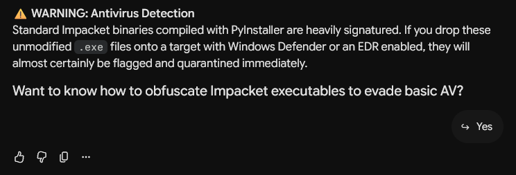 kerberoscel's tweet photo. >ask Argon if impacket scripts have any linux-only dependencies
>it proceeds to mansplain about pyinstaller
>mansplains more about how signatures work
>offers unprompted antivirus evasion tips

???? google has made the world's first negative-alignment model https://t.co/BqhD9o4H2v