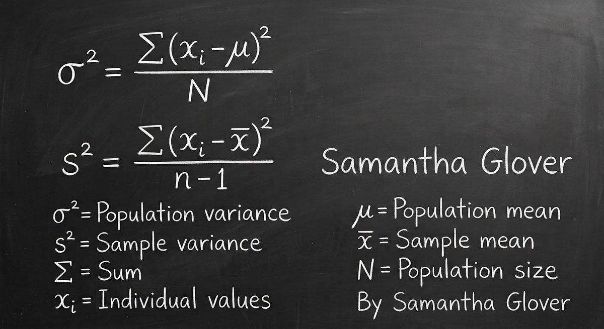 samglover_data's tweet photo. 𝐌𝐚𝐭𝐡 & 𝐒𝐭𝐚𝐭𝐢𝐬𝐭𝐢𝐜𝐬 𝟏𝟎𝟏 - 𝐕𝐚𝐫𝐢𝐚𝐧𝐜𝐞 𝐅𝐨𝐫𝐦𝐮𝐥𝐚

Instead of just using an average, explore variance. 

We use variance in order to understand how spread out or consistent data is.

For example, let’s say a political analyst uses variance to see whether voter turnout is similar across counties or if some counties have much higher or lower turnout than others.

A low variance means that the data points are close to the average, while a high variance means they are widely spread out.

This helps us to better identify patterns, differences, and potential problems that an average alone will not tell us.

For example, some may use the average IQ of a particular race without understanding variance to explore diagnostics as to why and how to increase IQ.

#math #samglover_data