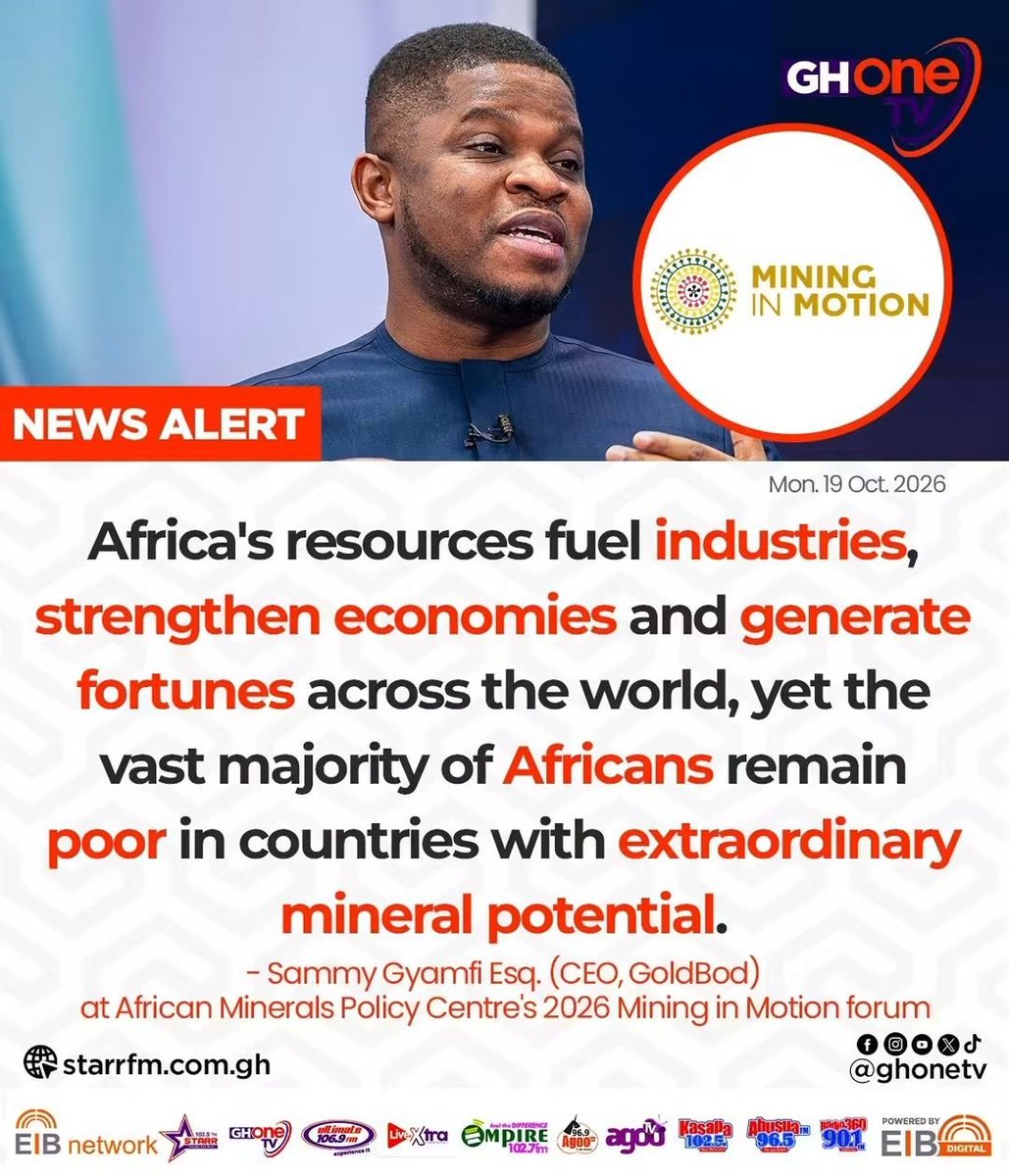 Kasapafm1025's tweet photo. Africa's resources fuel industries, strengthen economies and generate fortunes across the world, yet the vast majority of Africans remain... - Sammy Gyamfi Esq. (CEO, GoldBod) at African Minerals Policy Centre's 2026 Mining in Motion forum
#GHOneTV
#KasapaFM #EIBNetwork
#AgooTV https://t.co/ewN3ZXq7JB