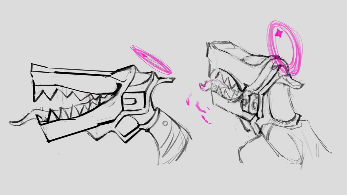 QuiteShallow's tweet photo. Sketches of the original Bitey design vs current one in Eldrich Break

I like the old one but it was not well suited for actual shooting, him literally spitting out bullets would be kind of funny, but we went with more 'functional' look https://t.co/fjXvhFw2Hj